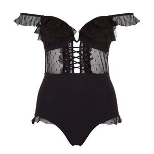 211. ZIMMERMANN Black Corsair Frill Corset One Piece Swimsuit $425 Sz 1 (Small)